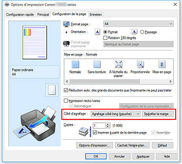 figure : Côté d'agrafage dans l'onglet Configuration de la page