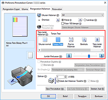 gambar: Pilih Tanpa Tepi untuk Tata Letak Halaman pada tab Pengesetan Halaman