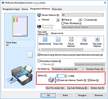 gambar: Salinan pada tab Pengesetan Halaman