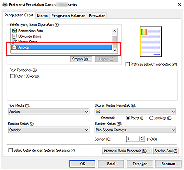 gambar: Pilih Amplop dari Setelan yang Biasa Digunakan dalam tab Pengesetan Cepat