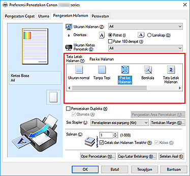 gambar: Pilih Pas ke Halaman untuk Tata Letak Halaman pada tab Pengesetan Halaman