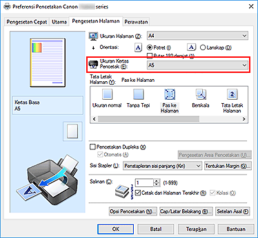 gambar: Ukuran Kertas Pencetak pada tab Pengesetan Halaman