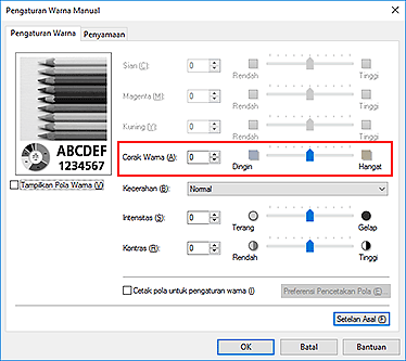 gambar: Corak Warna dalam kotak dialog Pengaturan Warna Manual