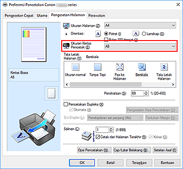 gambar: Ukuran Kertas Pencetak pada tab Pengesetan Halaman