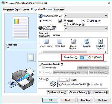 gambar: Penskalaan pada tab Pengesetan Halaman