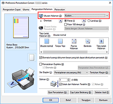 gambar: Pilih Kustom untuk Ukuran Halaman pada tab Pengesetan Halaman