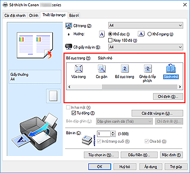 hình: Chọn Sách nhỏ cho Bố cục trang trên tab Thiết lập trang