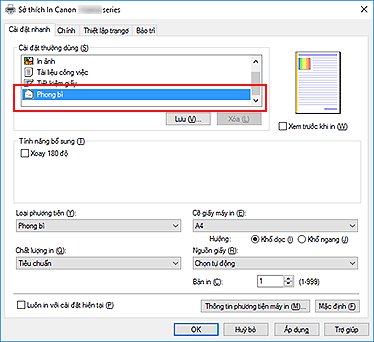 hình: Chọn Phong bì từ Cài đặt thường dùng trên tab Cài đặt nhanh
