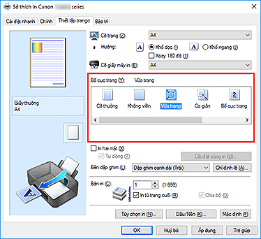 hình: Chọn Vừa trang cho Bố cục trang trên tab Thiết lập trang