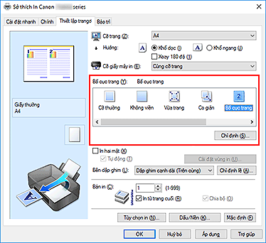 hình: Chọn Bố cục trang cho Bố cục trang trên tab Thiết lập trang