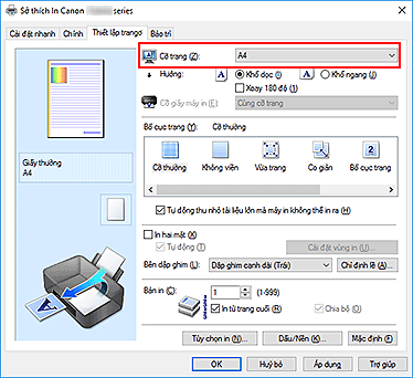 hình: Cỡ trang trên tab Thiết lập trang
