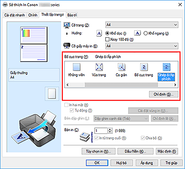 hình: Chọn Ghép ô/Áp phích cho Bố cục trang trên tab Thiết lập trang