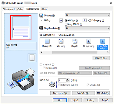 hình: Xem trước Cài đặt được hiển thị trên tab Thiết lập trang