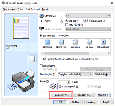 hình: Tùy chọn in... trên tab Thiết lập trang