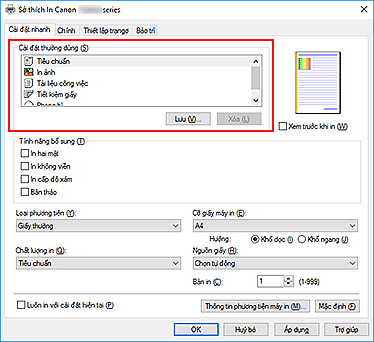 hình: Cài đặt thường dùng trên tab Cài đặt nhanh