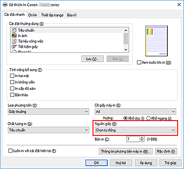 hình: Nguồn giấy trên tab Cài đặt nhanh