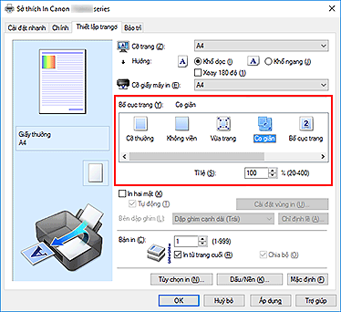 hình: Chọn Co giãn cho Bố cục trang trên tab Thiết lập trang
