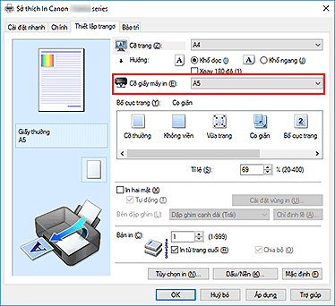 hình: Cỡ giấy máy in trên tab Thiết lập trang
