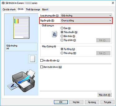 hình: Nguồn giấy trên tab Chính