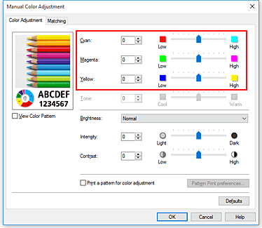 obrázek: nastavení Vyvážení barev v dialogovém okně Ruční nastavení barev