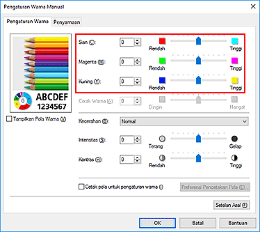 gambar: Keseimbangan warna dalam kotak dialog Pengaturan Warna Manual