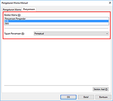 gambar: Pilih ICM untuk Koreksi Warna dalam kotak dialog Pengaturan Warna Manual