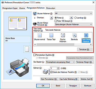 gambar: Pilih Tata Letak Halaman untuk Tata Letak Halaman pada tab Pengesetan Halaman