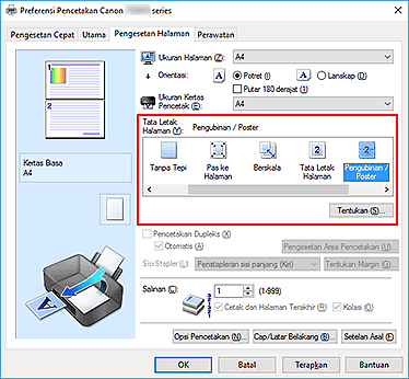gambar: Pilih Pengubinan/Poster untuk Tata Letak Halaman pada tab Pengesetan Halaman