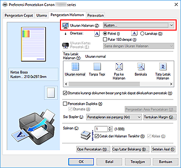 gambar: Pilih Kustom untuk Ukuran Halaman pada tab Pengesetan Halaman