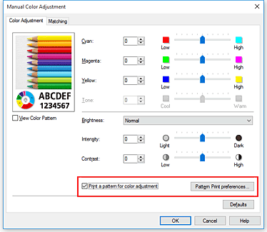 figura:Selectarea Print a pattern for color adjustment de pe fila Color Adjustment