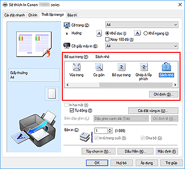 hình: Chọn Sách nhỏ cho Bố cục trang trên tab Thiết lập trang