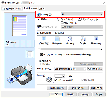 hình: Cỡ trang trên tab Thiết lập trang