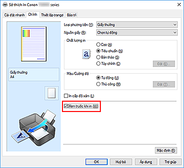 hình: Hộp kiểm Xem trước khi in trên tab Chính