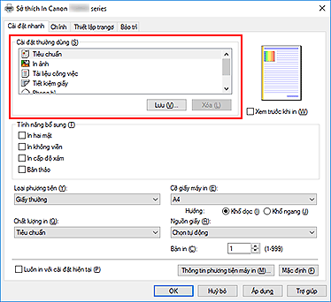 hình: Cài đặt thường dùng trên tab Cài đặt nhanh
