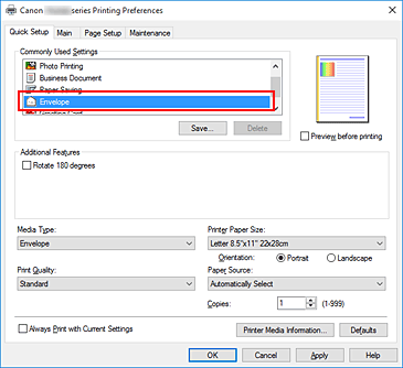 figure:Select Envelope from Commonly Used Settings on the Quick Setup tab