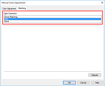 Imagen: selección de ICM en Corrección del color del cuadro de diálogo Ajuste manual del color