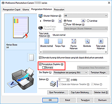 gambar: Kotak centang Pencetakan Dupleks pada tab Pengesetan Halaman