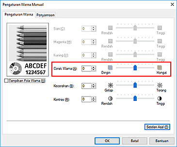 gambar: Corak Warna dalam kotak dialog Pengaturan Warna Manual