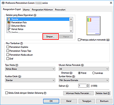 gambar: Simpan... pada tab Pengesetan Cepat