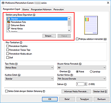 gambar: Setelan yang Biasa Digunakan dalam tab Pengesetan Cepat