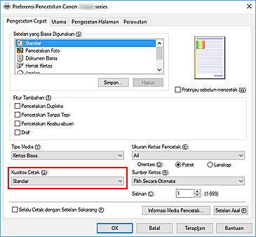 gambar: Kualitas Cetak pada tab Pengesetan Cepat