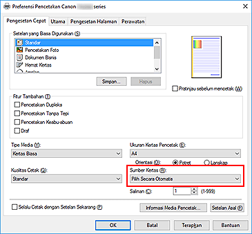 gambar: Sumber Kertas pada tab Pengesetan Cepat