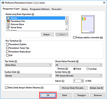 gambar: OK pada tab Pengesetan Cepat