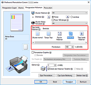 gambar: Pilih Berskala untuk Tata Letak Halaman pada tab Pengesetan Halaman