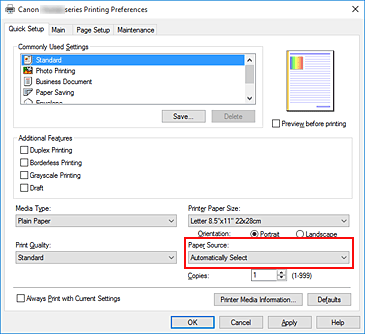 figura:Paper Source din fila Quick Setup