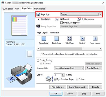 figura:Selectarea Custom pentru Page Size din fila Page Setup