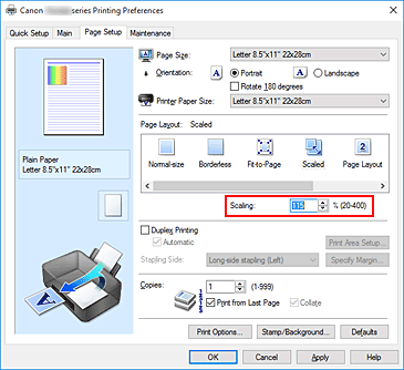 slika: možnost Scaling na kartici Page Setup