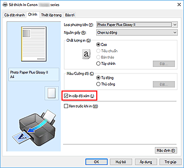 hình: Hộp kiểm In cấp độ xám trên tab Chính
