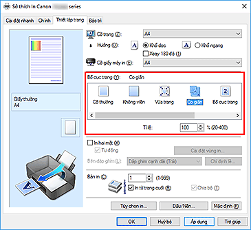 hình: Chọn Co giãn cho Bố cục trang trên tab Thiết lập trang