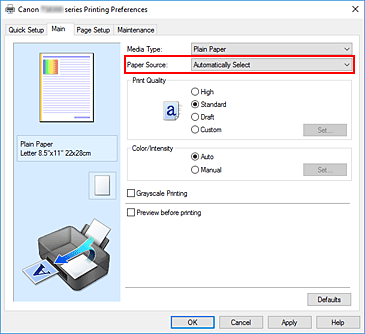 figure:Paper Source on the Main tab